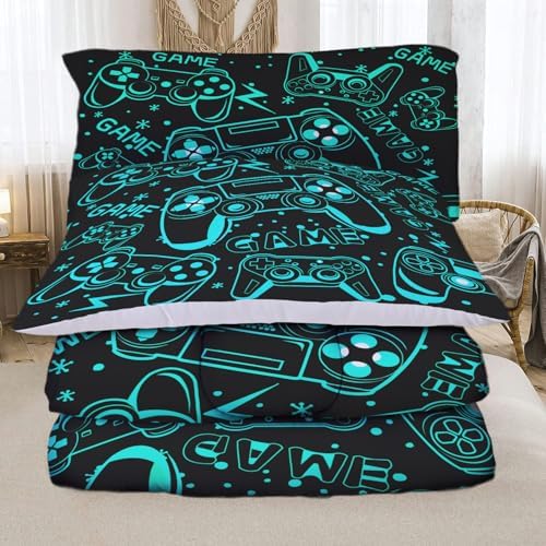 Sunnycitron Black Green Gamepad Gamer Comforter Set for Boys Gaming Bedding Set Teens Game Room Decor Queen (1 Comforter + 2 Pillowcase)