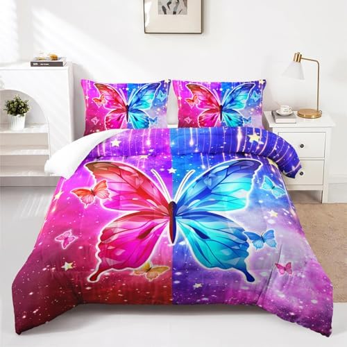 Nttopship Red and Blue Butterfly Comforter Set Full Size,100% Soft Ultra-Fine Fiber Four Season Printed Comforter Set with 1 Comforter and 2 Pillow Case