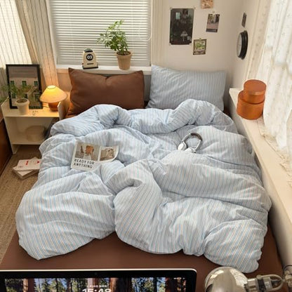 mixinni Vintage Striped Full Duvet Cover Set, Washed Microfiber Coastal Bedding, Light Blue Brown Vertical Stripe Comforter Cover with Zipper & Corner Ties, (1 Duvet Cover + 2 Pillowcases)