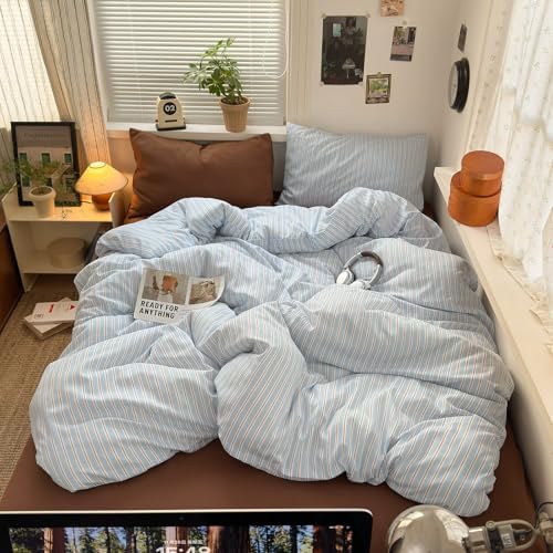 mixinni Vintage Striped Queen Duvet Cover Set, Washed Microfiber Coastal Bedding, Light Blue Brown Vertical Stripe Comforter Cover with Zipper & Corner Ties, (1 Duvet Cover + 2 Pillowcases)