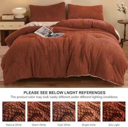 LLanCL 3D Jacquard Design Comforter Set, Ultra-Soft Warm Queen Size Sherpa Fur Plush 3-Pieces Sets Luxury Cozy Bedding with 2 Pillowcases (90"x90", Burnt Orange)