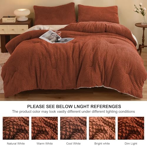 LLanCL 3D Jacquard Design Comforter Set, Ultra-Soft Warm Twin Size Sherpa Fur Plush 2-Pieces Sets Luxury Cozy Bedding with 1 Pillowcase (68"x90", Burnt Orange)