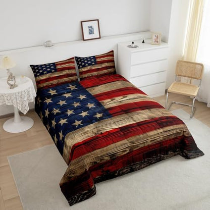 Castle Fairy American Flag Quilt Set Full Size, Brown Wooden Board Country Retro Farmhouse Natural Style Comforter Set for Girls Teens Bedroom Present, Microfiber Bedding Set with 2 Pillowcases