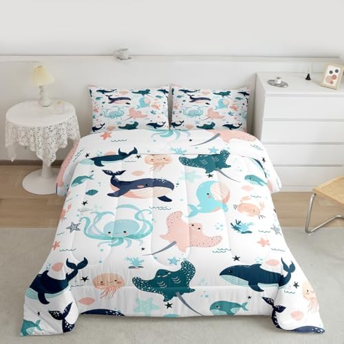Kids Kawaii Whale Bedding Set Cute Dolphin Comforter Set for Girls Boys Children King Cartoon Crab Jellyfish Octopus Comforter Underwater World Quilt Duvet Ocean Animal Theme Bedroom Decor 3 Pcs