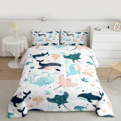 Kids Kawaii Whale Bedding Set Cute Dolphin Comforter Set for Girls Boys Children King Cartoon Crab Jellyfish Octopus Comforter Underwater World Quilt Duvet Ocean Animal Theme Bedroom Decor 3 Pcs