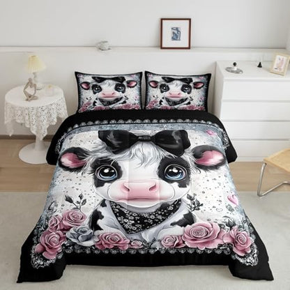Feelyou Kids Cute Highland Cow Comforter Set Queen Size Highland Cattle Bowknot Bedding Set Boys Girls Flowers Floral Pattern Quilt Set Western Farmhouse Animal Bed Set
