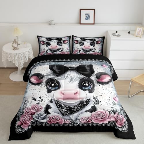 Feelyou Kids Cute Highland Cow Comforter Set King Size Highland Cattle Bowknot Bedding Set Boys Girls Flowers Floral Pattern Quilt Set Western Farmhouse Animal Bed Set