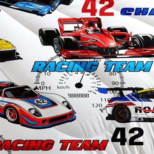 Race Car Themed Comforter Set Queen for Boys，Race Car Bedding Queen Bed Set，Kids Race Car Bedroom Decor with 1 Comforter with 2 Pillow Case