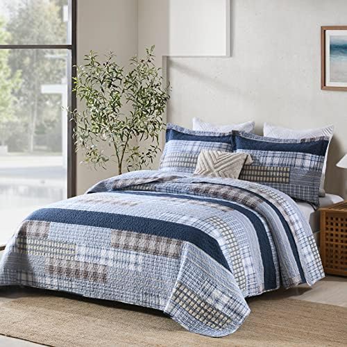 Finlonte Quilt Queen Size 100% Cotton Queen Size Quilts Blue Beige White Bedspreads Plaid Quilts Lightweight Soft Breathable Bedding Sets for All Season, 3 Piece