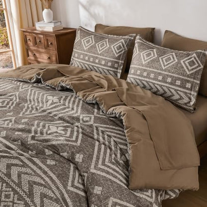 Yiran Boho Comforter Set King Size, 7 Pieces Aztec Brown Bed in a Bag