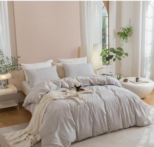JIYUAN Oversized Queen Washed Cotton Duvet Cover Set Linen-Like Pinstripe