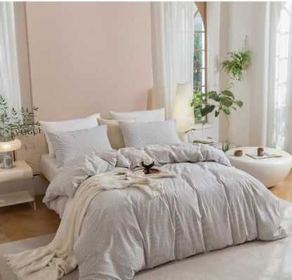 JIYUAN Oversized Queen Washed Cotton Duvet Cover Set Linen-Like Pinstripe