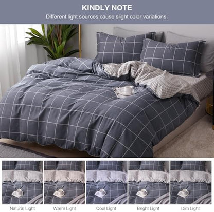SAPHREAS Gray Plaid Geometric Duvet Cover Set King Size 3pcs Dark Grey Grid Cotton Bedding Comforter Cover Set 1 Duvet Cover 2 Pillow Shams