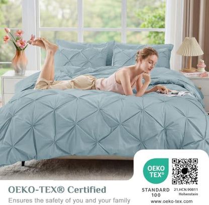 JOLLYVOGUE King Size Comforter Set 7 Pieces - Bed in a Bag King for All Season, Pintuck Bedding Comforter Sets with Comforter, Flat Sheet, Fitted Sheet and Pillowcases & Shams, Greyish Blue