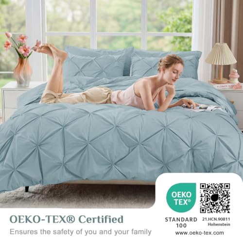 JOLLYVOGUE Twin Comforter Set 5 Pieces - Bed in a Bag Twin for All Season, Pintuck Bedding Comforter Sets with Comforter, Flat Sheet, Fitted Sheet and Pillowcases & Shams, Greyish Blue