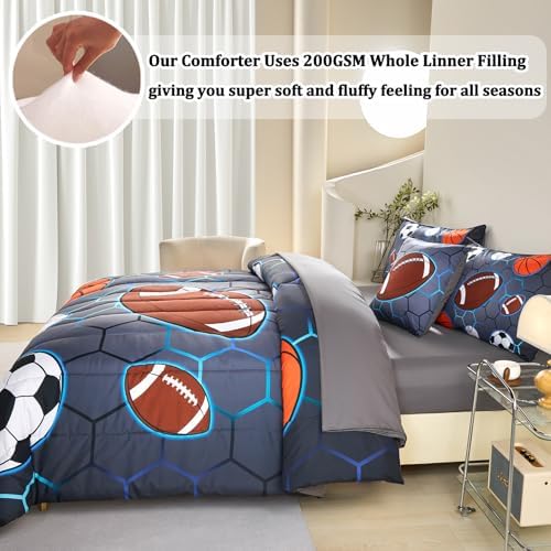 6 Pcs Sports Bedding Set for Boys Full Size, Basketball Baseball Football Soccer Bedding Boys Comforter Set with Sheets