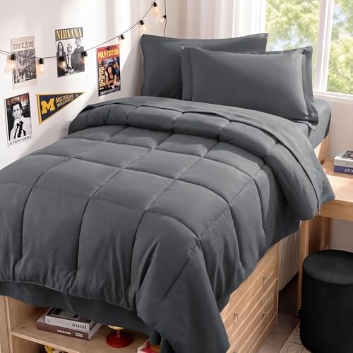 JOLLYVOGUE Twin Comforter Set, Ultra-Soft Bed in a Bag Twin Size 5 Pieces, Oeko-TEX Certified Bedding Set with Down Alternative Comforter, Sheets, Pillowcases & Shams, Dark Grey