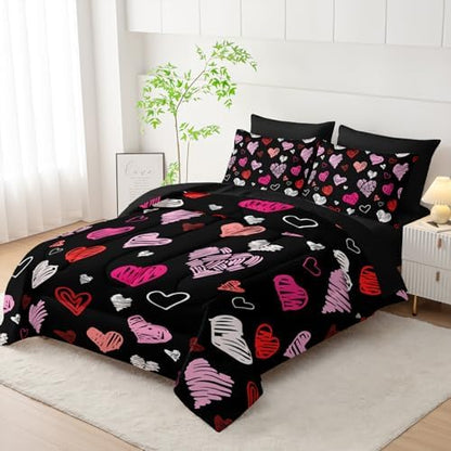 Nttopship Black Heart Comforter Set Full Size 7Pcs，Love Valentines Day Romantic Soft Bedding Set Pink Watercolor Kawaii Cartoon Love Heart Geometric, Bed Sheet Set Cartoon Heart Decor