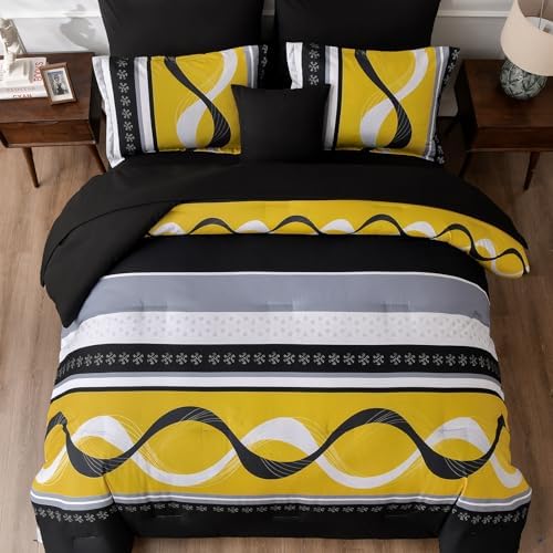Anibedding Black Yellow Comforter Set Queen Size,8 Pieces Bed in a Bag