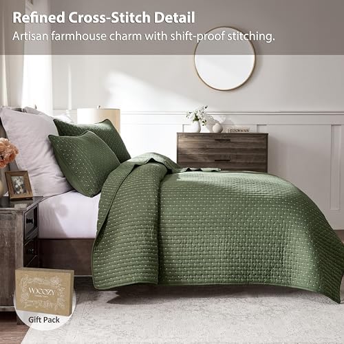 WDCOZY Olive Green Cross Stitch Twin Size Quilt Set, Striped Lightweight Soft Bedspread, Channel Farmhouse Rustic Coverlet, All Season Country Bedding, Thin Comforter