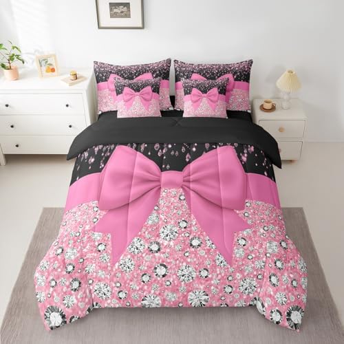 Pink Bowknot Bed in a Bag King Size Comforter Set 7 Pieces,Kawaii Bow Knot Bedding Set,Silk Ribbon Comforter and Sheet Set Glitter Sequin Diamond Bed Set,Dreamy Princess Style Cute Pink Room Decor