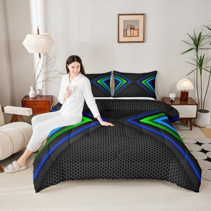 Geometric Comforter Set,Blue and Black Bedding Set for Kids Girls Women,Adults Modern Hexagon Comforter,Fashion Quilted Duvet Set Bedroom Collection Twin Size 2Pcs