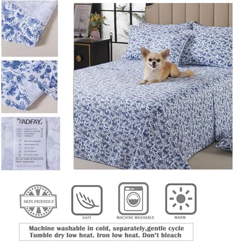 FADFAY Blue Toile Sheets Set Cal King French Country Farmhouse Bedding Vintage Butterfly Floral Bedding 100% Egyptian Cotton Soft Sheet Set with Deep Pocket Fitted Sheet 4Pcs, California King Size