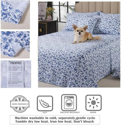 FADFAY Blue Toile Sheets Set Cal King French Country Farmhouse Bedding Vintage Butterfly Floral Bedding 100% Egyptian Cotton Soft Sheet Set with Deep Pocket Fitted Sheet 4Pcs, California King Size