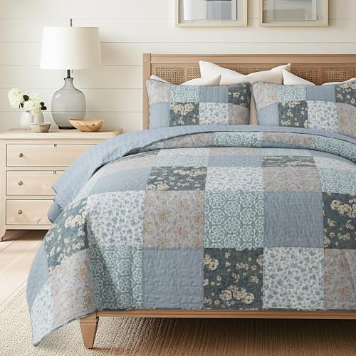 SLPR - Wildflowers Blue Floral Patchwork Cotton Quilt Set, King and 2 Shams
