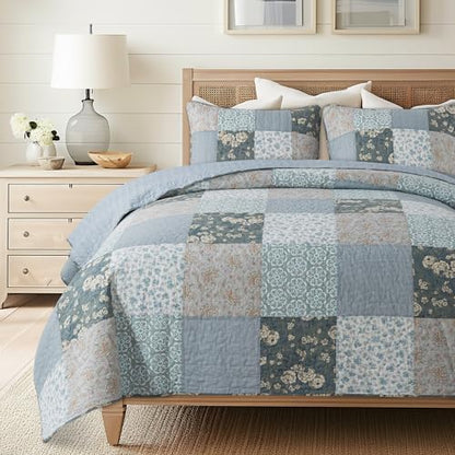 SLPR - Wildflowers Blue Floral Patchwork Cotton Quilt Set, Queen, 2 Shams