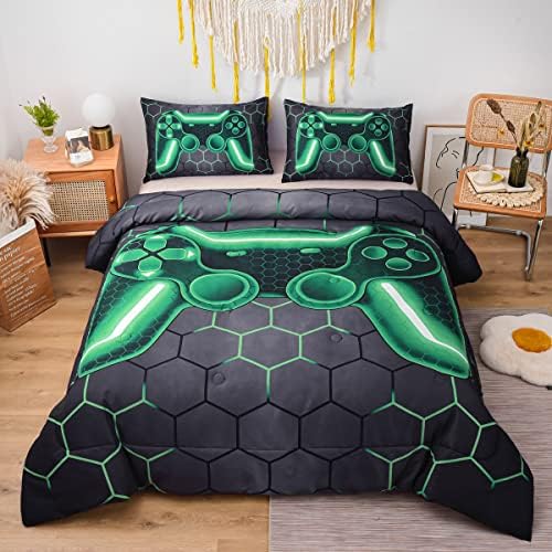 NTBED Game Console Comforter Set for Boys Girls Kids Geometric Lightweight Microfiber Bedding Sets (Green, Queen)