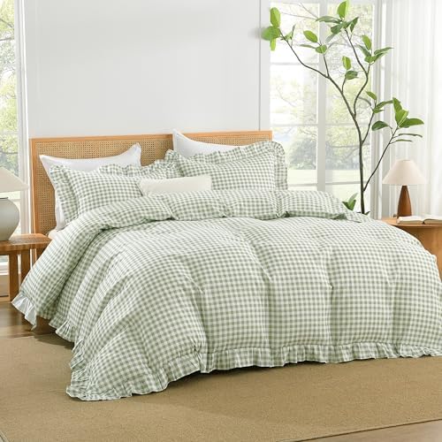 Andency Sage Gingham Duvet Cover King, Ruffle Shabby Chic Bedding Set 3 Pcs