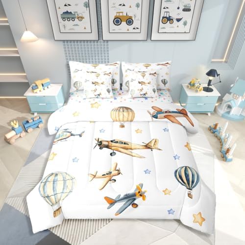 Erosebridal Cute Propeller Plane Twin Comforter Set with Sheets, Cartoon Airplane Aircraft 7 Pcs Bedding Set for Kids Boys Teens Child Girls Adults, Hot Air Balloon Bed in A Bag, Star Print Bed Sets