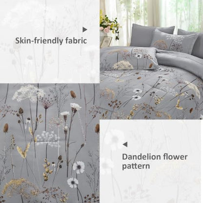 Yiran Queen Comforter Size Set, 7 Piece Grey Dandelion Floral Bed in a Bag