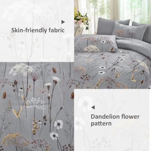 Yiran King Comforter Size Set, 7 Piece Grey Dandelion Floral Bed in a Bag