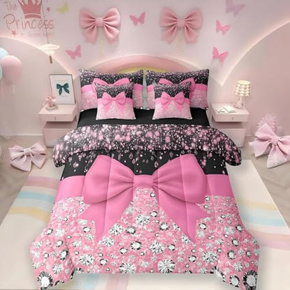 Pink Bowknot Bed in a Bag Queen Comforter Set 7 Piece,Kawaii Bow Knot Bedding Set,Silk Ribbon Comforter and Sheet Set Glitter Sequin Print Diamond Bed Set,Dreamy Princess Style Cute Pink Room Decor