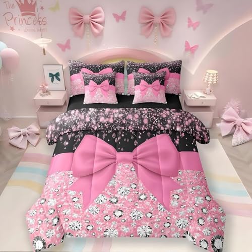 Pink Bowknot 7 Piece Comforter Set Full Bed in a Bag,Kawaii Bow Knot Bedding Set,Silk Ribbon Comforter and Sheet Set Glitter Sequin Print Diamond Bed Set,Dreamy Princess Style Cute Pink Room Decor