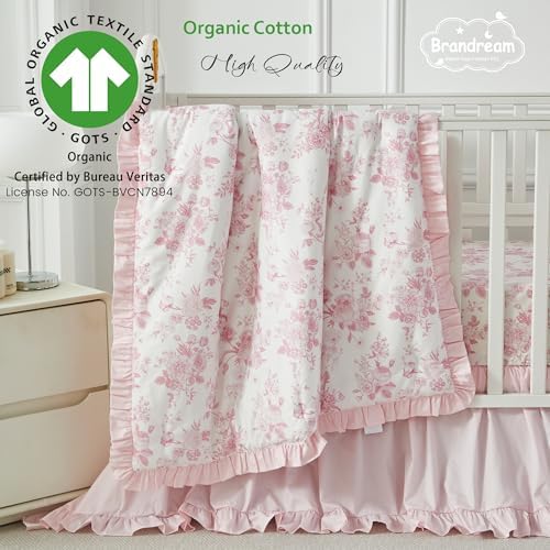 Brandream French Country Toile Crib Bedding Set for Girls Pink Grandmillennial Toile Vintage Floral Print 100% Cotton Baby Girl Nursery Bedding - Ruffles Quilt,Toile Crib Sheet,Crib Bed Skirt,3 Pieces