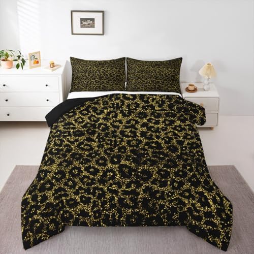 Black Leopard Kids Comforter Set Twin Size,Wild Animal Cheetah Skin Abstract Bedding Set,Girls Boys Room Decor,Wildlife Golden Glitter Modern Quilt Comforter,Fashion Duvet Insert,1 Pillowcase
