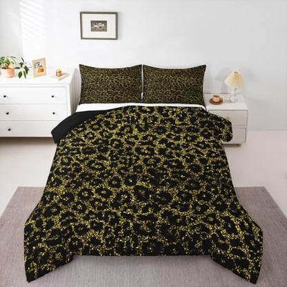 Black Leopard Kids Comforter Set Twin Size,Wild Animal Cheetah Skin Abstract Bedding Set,Girls Boys Room Decor,Wildlife Golden Glitter Modern Quilt Comforter,Fashion Duvet Insert,1 Pillowcase