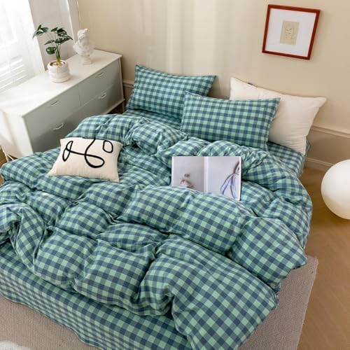 mixinni Green Gingham Grid Duvet Cover Twin, 100% Washed Cotton Modern Geometric Bedding Set with 2 Pillowcases, Farmhouse Style Blue Plaid Comforter Cover Set for Men & Women, Soft & Lightweight