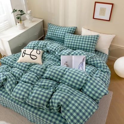 mixinni Green Gingham Grid Duvet Cover Twin, 100% Washed Cotton Modern Geometric Bedding Set with 2 Pillowcases, Farmhouse Style Blue Plaid Comforter Cover Set for Men & Women, Soft & Lightweight