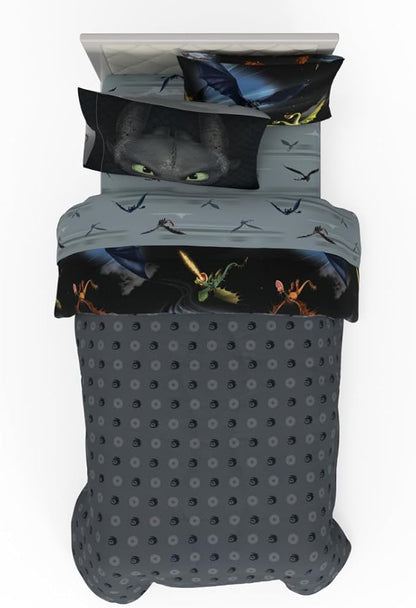 How to Train Your Dragon Kids Bedding Super Soft & Cozy Reversible Microfiber Comforter and Sheet Set with Sham, 5 Piece Twin Size, (Officially Licensed Product) By Franco