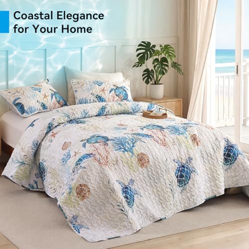 weigelia Coastal Quilt King Size, Sea Turtle Lightweight Summer Bedding