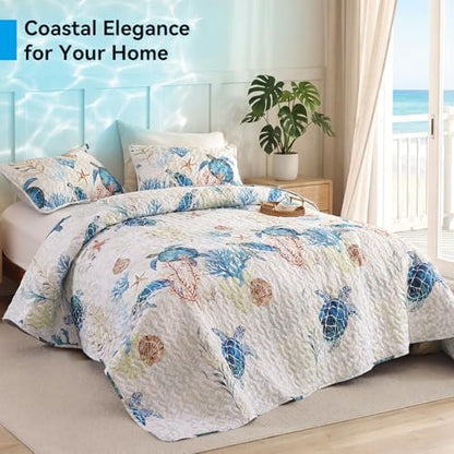 weigelia Coastal Quilt King Size, Sea Turtle Lightweight Summer Bedding