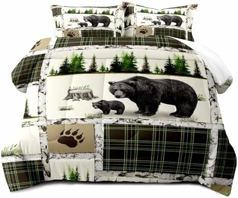 LUVIVIHOME 2PCS Rustic Cabin Bedding, Black Bear Comforter Set Twin Size, Country Lodge Farmhouse Forest Animal Wildlife Hunting Log Cabin Bedroom Decor, Green Plaid Patchwork Quilt, 1 Pillow Sham