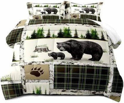 LUVIVIHOME 2PCS Rustic Cabin Bedding, Black Bear Comforter Set Twin Size, Country Lodge Farmhouse Forest Animal Wildlife Hunting Log Cabin Bedroom Decor, Green Plaid Patchwork Quilt, 1 Pillow Sham