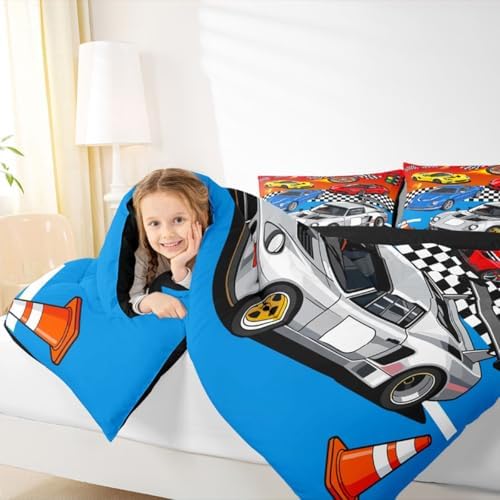 Feelyou Boys Sports Car Comforter Set Queen Size Speed Race Car Bedding Set for Kids Boys Girls Racing Extreme Sports Duvet Quilt Automobile Bedroom Decor Microfiber 3 Pcs with 2 Pillow Cases