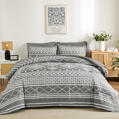 Yiran Boho Aztec Comforter Set Queen Size, Grey Comforter Bedding Set, 7 Piece Bed in a Bag, Soft Microfiber Bohemian Striped Complete Bedding Set with Sheets for All Season