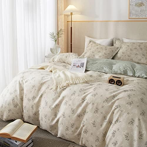 mixinni Duvet Cover Set Floral King Size Soft Cotton Bedding Flower Green Leaves on Beige Comforter Cover Set (1 Duvet Cover+ 2 Pillowcases) for Her and Him-Easy Care, Soft and Durable King Size